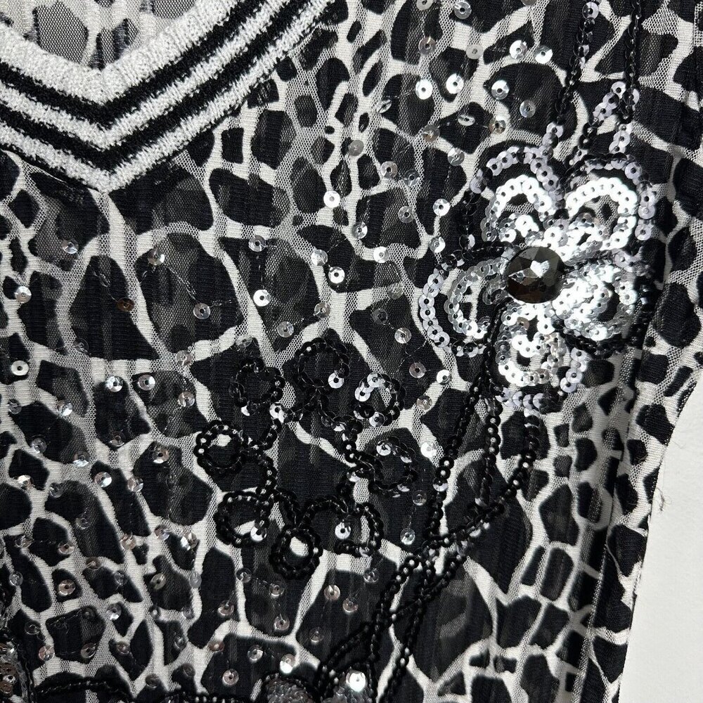 90s Y2K Black White VNeck Elastic Top Semi-sheer Sequin Animal Print Whimsy Goth - Picture 3 of 10